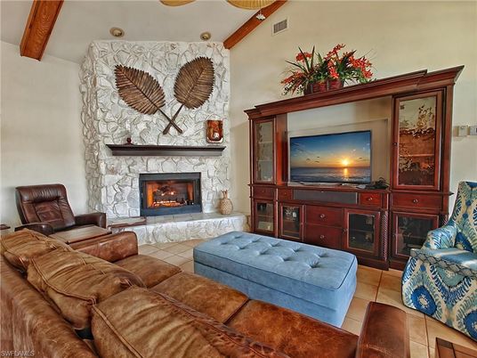 Fireplace, Interior, Living room, Recessed Lighting, Wooden Beams