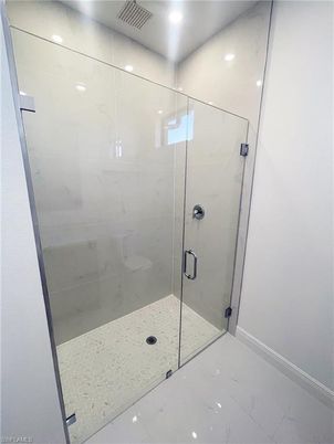 Bathroom, Glass Shower, Interior, Marble Walls, Recessed Lighting