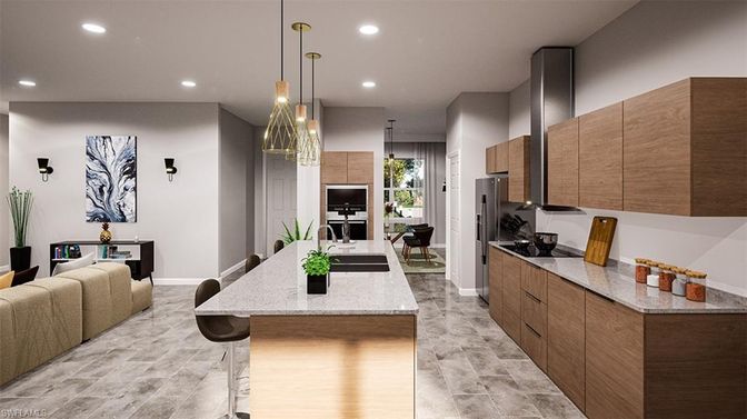 Interior, Kitchen, Living room, Pendant Lights, Recessed Lighting, Stainless Steel Appliances