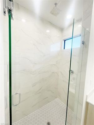 Bathroom, Glass Shower, Interior, Marble Walls, Recessed Lighting