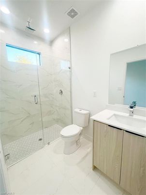 Bathroom, Glass Shower, Interior, Marble, Marble Walls, Recessed Lighting
