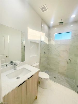 Bathroom, Glass Shower, Interior, Marble, Marble Walls, Recessed Lighting