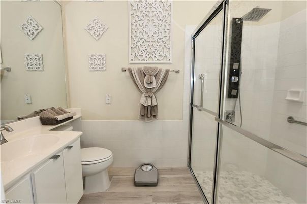 Bathroom, Glass Shower, Interior, Wood Texture Flooring