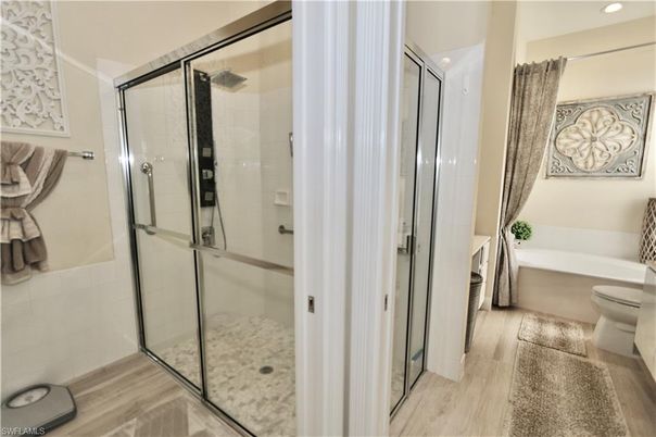 Bathroom, Glass Shower, Interior, Recessed Lighting, Wood Texture Flooring