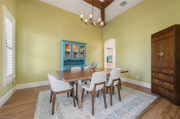 Chandelier, Dining room, Interior, Wooden Beams, Wood Texture Flooring