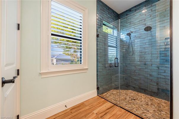 Bathroom, Glass Shower, Interior, Recessed Lighting, Wood Texture Flooring