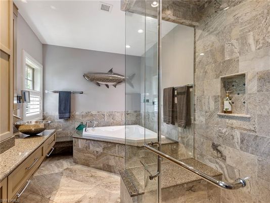 Bathroom, Glass Shower, Interior, Recessed Lighting, Stone Walls