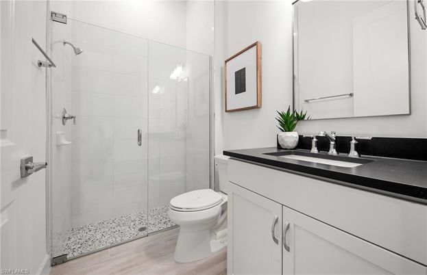 Bathroom, Glass Shower, Interior, Wood Texture Flooring