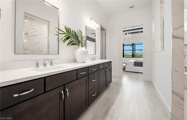 Bathroom, Bedroom, Dual Sink Vanities, Interior, Marble Walls, Wood Texture Flooring