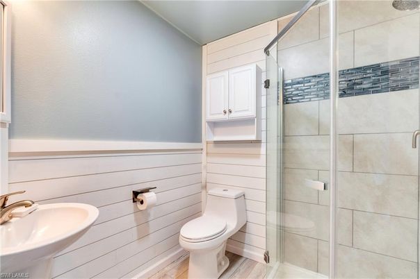 Bathroom, Glass Shower, Interior, Wood Texture Flooring