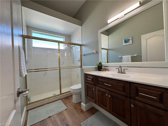 Bathroom, Glass Shower, Interior, Wood Texture Flooring