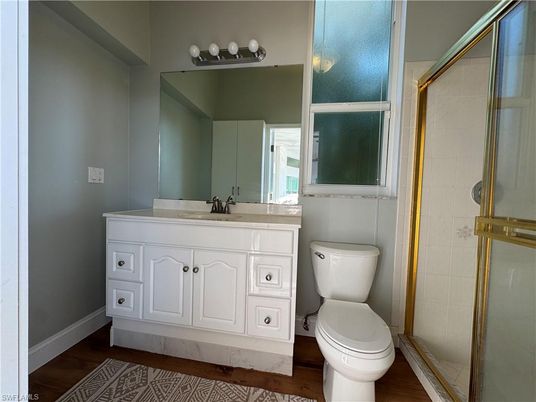 Bathroom, Glass Shower, Interior, Wood Texture Flooring
