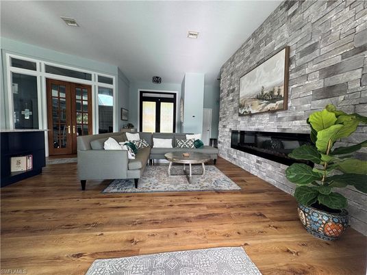 Fireplace, Interior, Living room, Stone Walls, Wood Texture Flooring