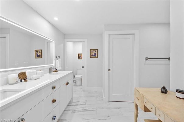 Bathroom, Dual Sink Vanities, Interior, Marble, Recessed Lighting