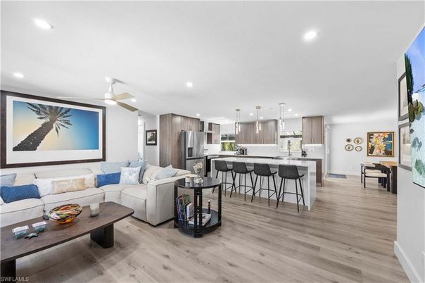 Interior, Kitchen, Living room, Pendant Lights, Recessed Lighting, Stainless Steel Appliances, Wood Texture Flooring