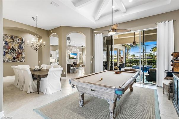 Billiard Table, Chandelier, Dining room, Game Room, Interior, Pendant Lights