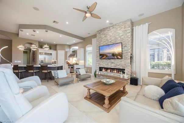 Dining room, Fireplace, Interior, Kitchen, Living room, Pendant Lights, Recessed Lighting, Stone Walls