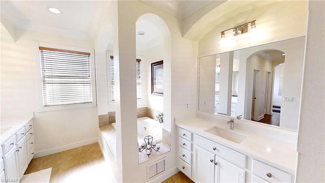 Bathroom, Dual Sink Vanities, Interior, Recessed Lighting, Wood Texture Flooring