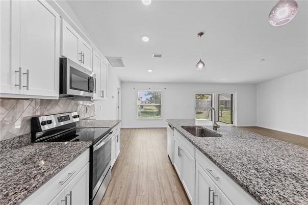 Interior, Kitchen, Pendant Lights, Recessed Lighting, Wood Texture Flooring