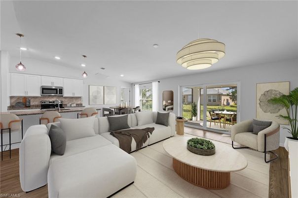 Dining room, Interior, Kitchen, Living room, Pendant Lights, Recessed Lighting, Stainless Steel Appliances, Wood Texture Flooring