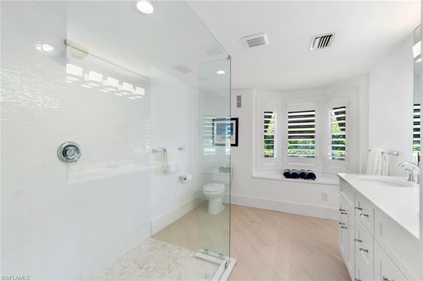 Bathroom, Glass Shower, Interior, Recessed Lighting, Wood Texture Flooring
