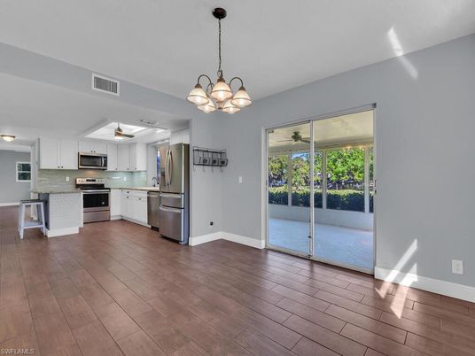 Chandelier, Interior, Kitchen, Stainless Steel Appliances, Wood Texture Flooring