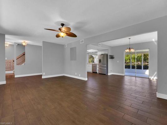 Chandelier, Empty room, Interior, Kitchen, Stainless Steel Appliances, Wood Texture Flooring
