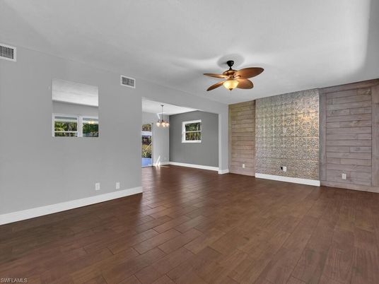 Empty room, Interior, Pendant Lights, Stone Walls, Wood Texture Flooring