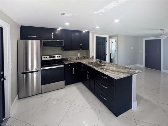 Interior, Kitchen, Marble, Recessed Lighting, Stainless Steel Appliances