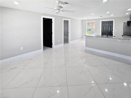 Empty room, Interior, Kitchen, Marble, Recessed Lighting