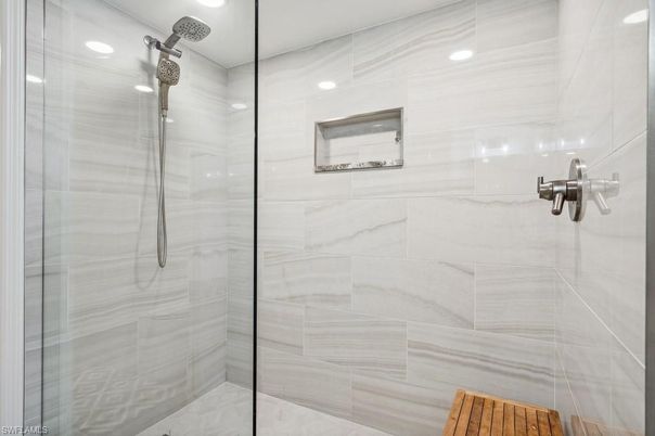 Bathroom, Glass Shower, Interior, Marble Walls, Recessed Lighting