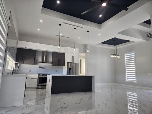 Interior, Kitchen, Marble, Pendant Lights, Recessed Lighting, Stainless Steel Appliances