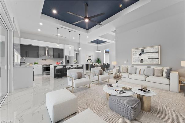 Interior, Kitchen, Living room, Marble, Pendant Lights, Recessed Lighting, Stainless Steel Appliances
