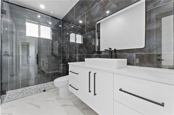 Bathroom, Glass Shower, Interior, Marble, Recessed Lighting
