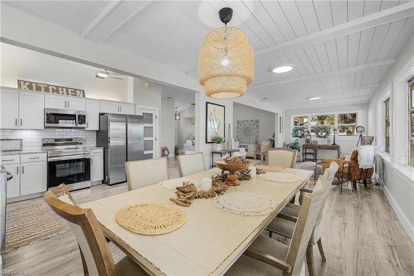 Dining room, Interior, Kitchen, Pendant Lights, Recessed Lighting, Stainless Steel Appliances, Wood Texture Flooring