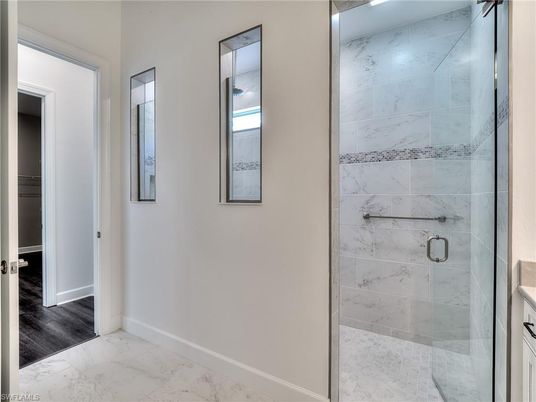 Bathroom, Glass Shower, Interior, Marble, Marble Walls, Wood Texture Flooring