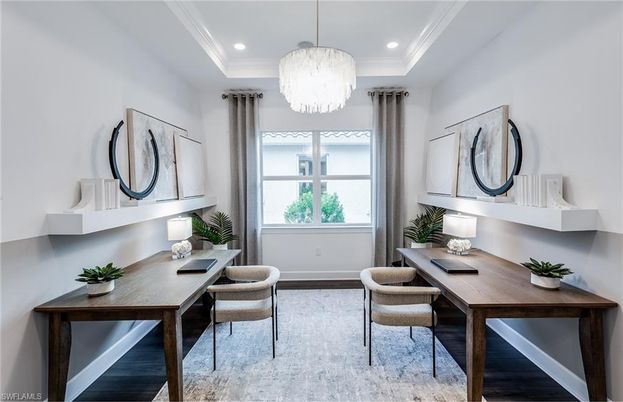 Chandelier, Home Office, Interior, Recessed Lighting, Wood Texture Flooring