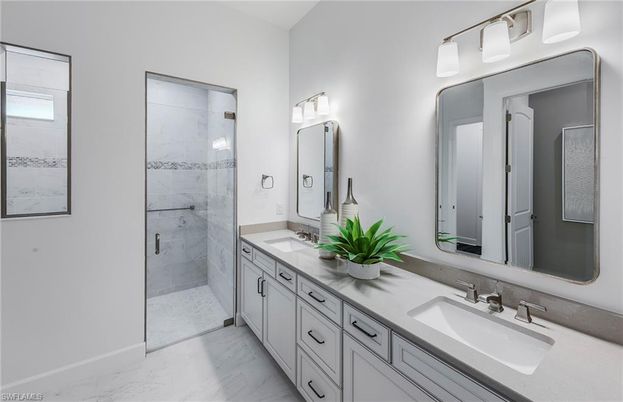 Bathroom, Dual Sink Vanities, Glass Shower, Interior, Marble, Marble Walls