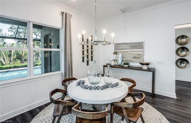 Dining room, Interior, Pendant Lights, Wood Texture Flooring