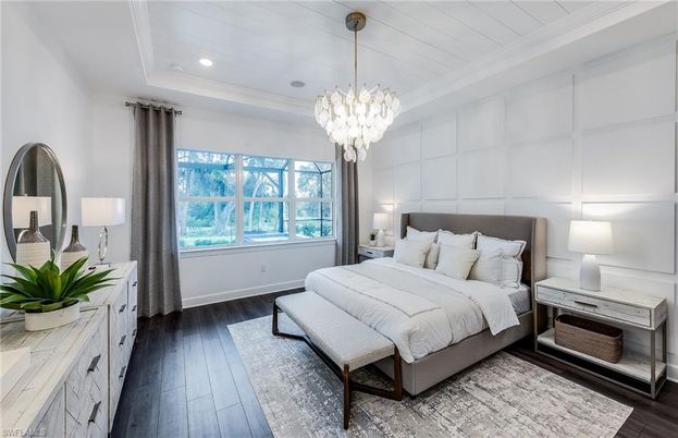 Bedroom, Chandelier, Interior, Recessed Lighting, Wood Texture Flooring