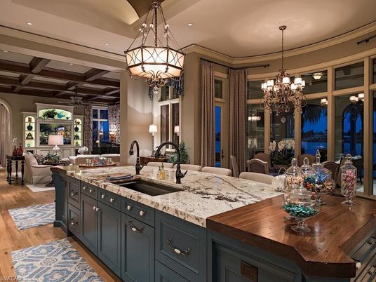 Chandelier, Dining room, Interior, Kitchen, Living room, Pendant Lights, Recessed Lighting, Wood Texture Flooring