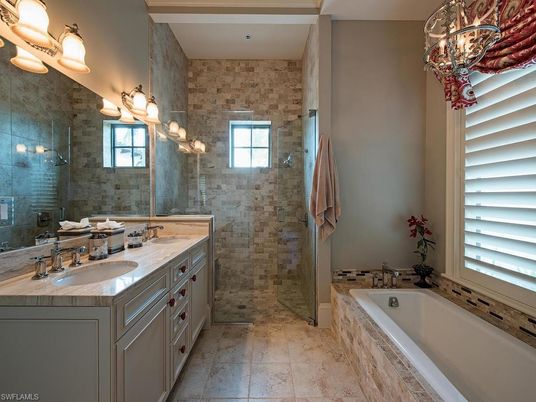 Bathroom, Dual Sink Vanities, Glass Shower, Interior, Stone Walls