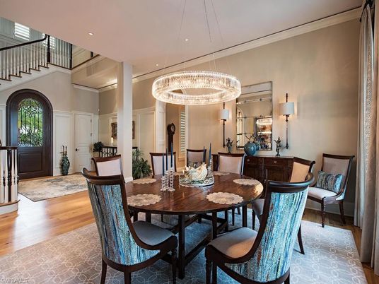 Dining room, Interior, Pendant Lights, Recessed Lighting, Wood Texture Flooring