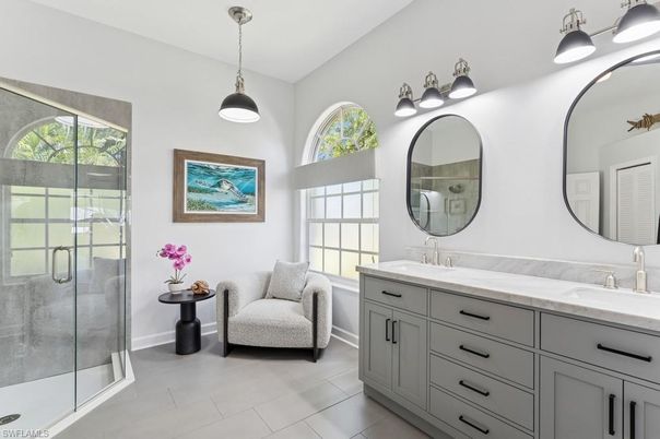 Bathroom, Dual Sink Vanities, Glass Shower, Interior, Pendant Lights