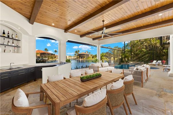 Dining room, Interior, Living room, Recessed Lighting, Water, Wooden Beams, Wooden Ceilings