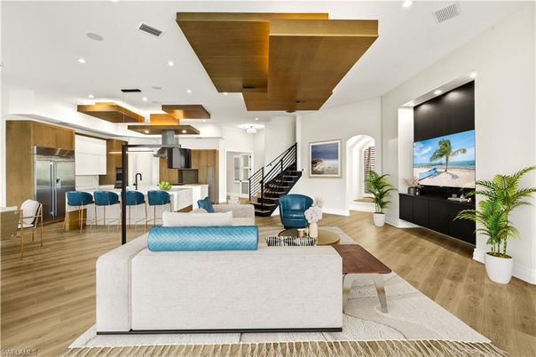 Interior, Kitchen, Living room, Pendant Lights, Recessed Lighting, Stainless Steel Appliances, Wood Texture Flooring