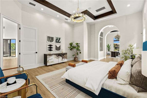 Bedroom, Chandelier, Interior, Pendant Lights, Recessed Lighting, Wood Texture Flooring