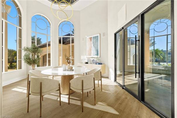 Dining room, Interior, Pendant Lights, Wood Texture Flooring