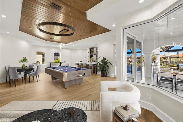 Billiard Table, Dining room, Game Room, Interior, Pendant Lights, Recessed Lighting, Wooden Ceilings, Wood Texture Flooring