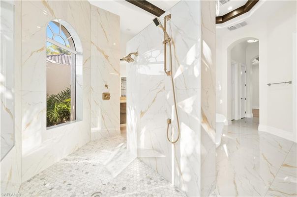 Bathroom, Glass Shower, Interior, Marble, Marble Walls, Recessed Lighting